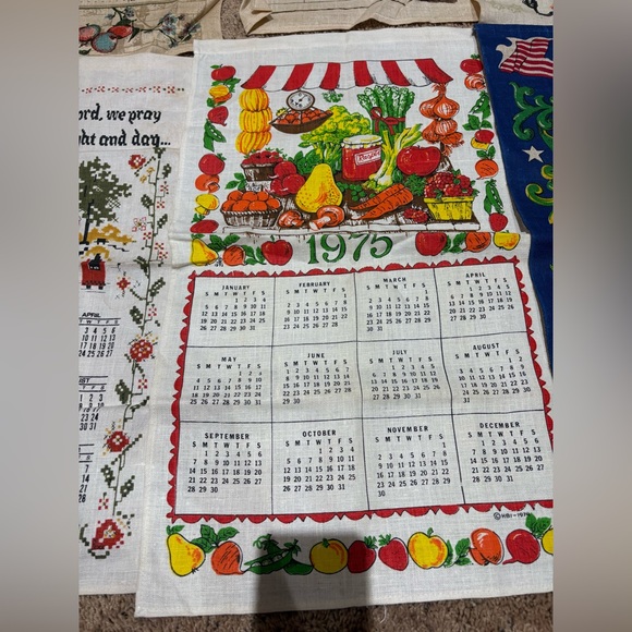 Lot 8 Vintage 60s 70s Linen Calendar Towels Country Farmhouse Folk Kitchen - Picture 9 of 13